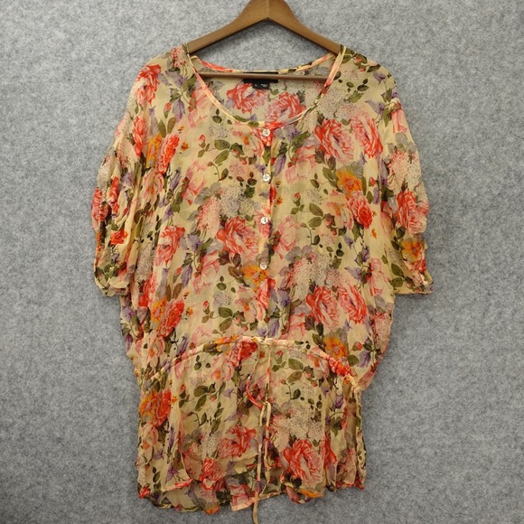 Karen Kane Tops - Karen Kane Silk Top Womens L Cream Rose Floral Peplum Blouse Sheer Boho USA Made